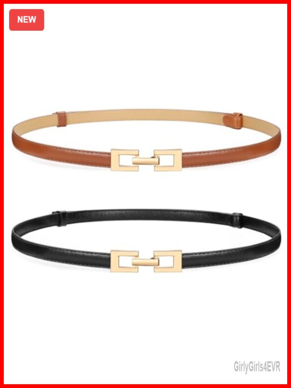 Skinny Belt 2 Pack Thin Waist Belt PU Leather Slim Gold Buckle Pants Jeans Dress